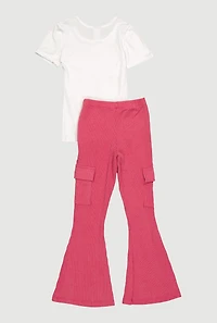 Little Girls Bear Bow Graphic Tee and Flare Leg Cargo Pants