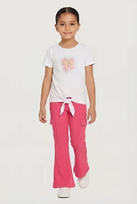 Little Girls Rhinestone Bow Tie Front Tee and Cargo Flare Pants