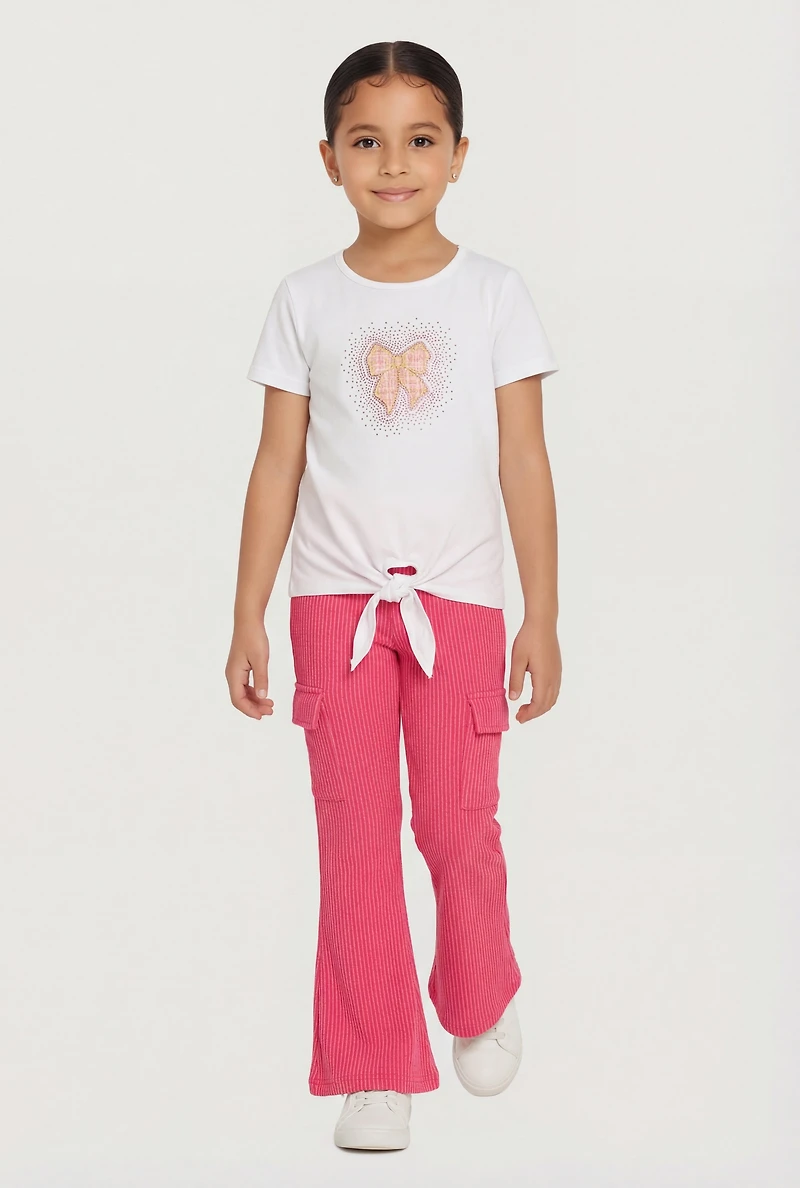 Little Girls Rhinestone Bow Tie Front Tee and Cargo Flare Pants