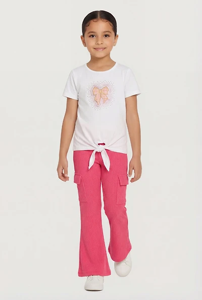 Little Girls Rhinestone Bow Tie Front Tee and Cargo Flare Pants