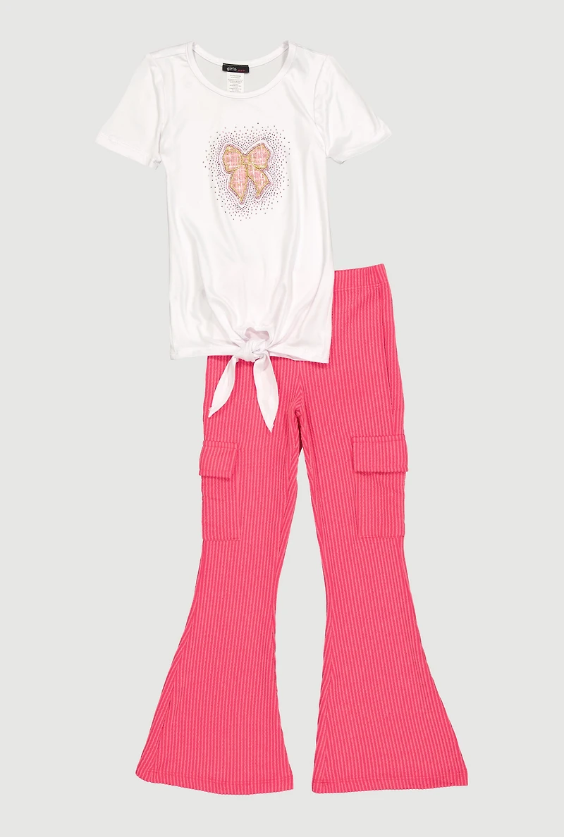 Little Girls Rhinestone Bow Tie Front Tee and Cargo Flare Pants