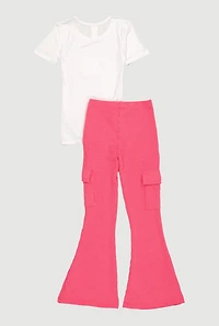 Little Girls Rhinestone Bow Tie Front Tee and Cargo Flare Pants