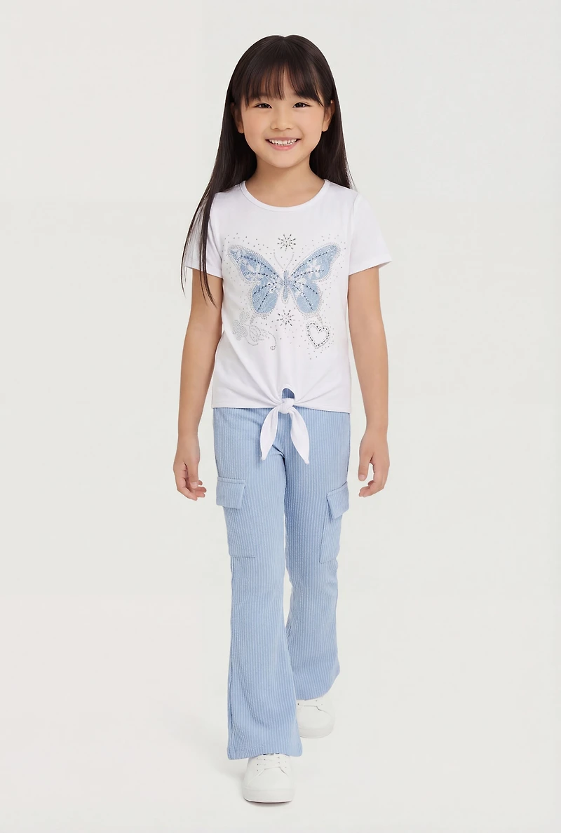 Little Girls Butterfly Graphic Tee and Cargo Pocket Flare Leg Pants