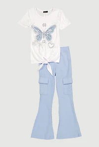 Little Girls Butterfly Graphic Tee and Cargo Pocket Flare Leg Pants