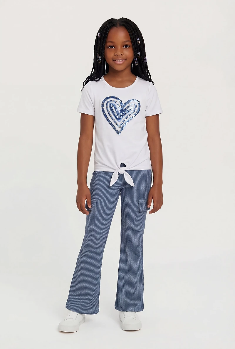 Little Girls Tie Front Heart Tee and Cargo Flare Pants