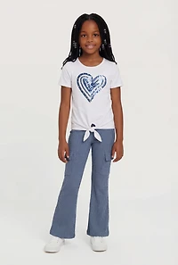 Little Girls Tie Front Heart Tee and Cargo Flare Pants