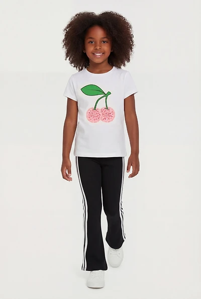 Little Girls Cherry Graphic Tee and Side Stripe Flare Pants