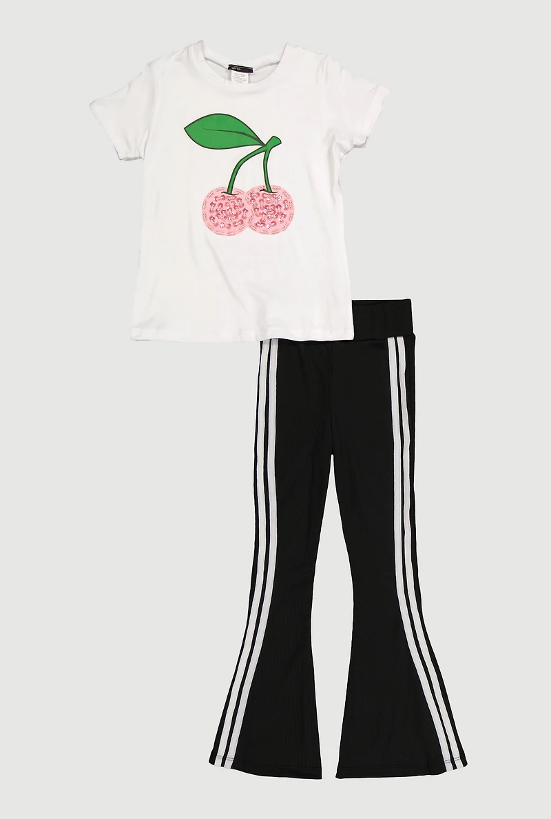 Little Girls Cherry Graphic Tee and Side Stripe Flare Pants