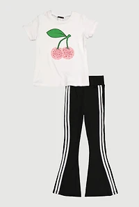 Little Girls Cherry Graphic Tee and Side Stripe Flare Pants