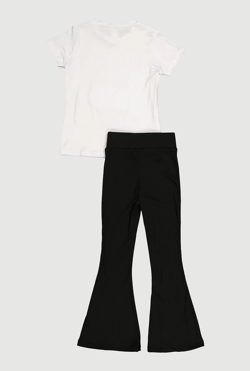 Little Girls Cherry Graphic Tee and Side Stripe Flare Pants