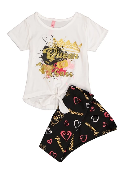 Little Girls Queen Of Sass Tie Front Tee and Flared Pants