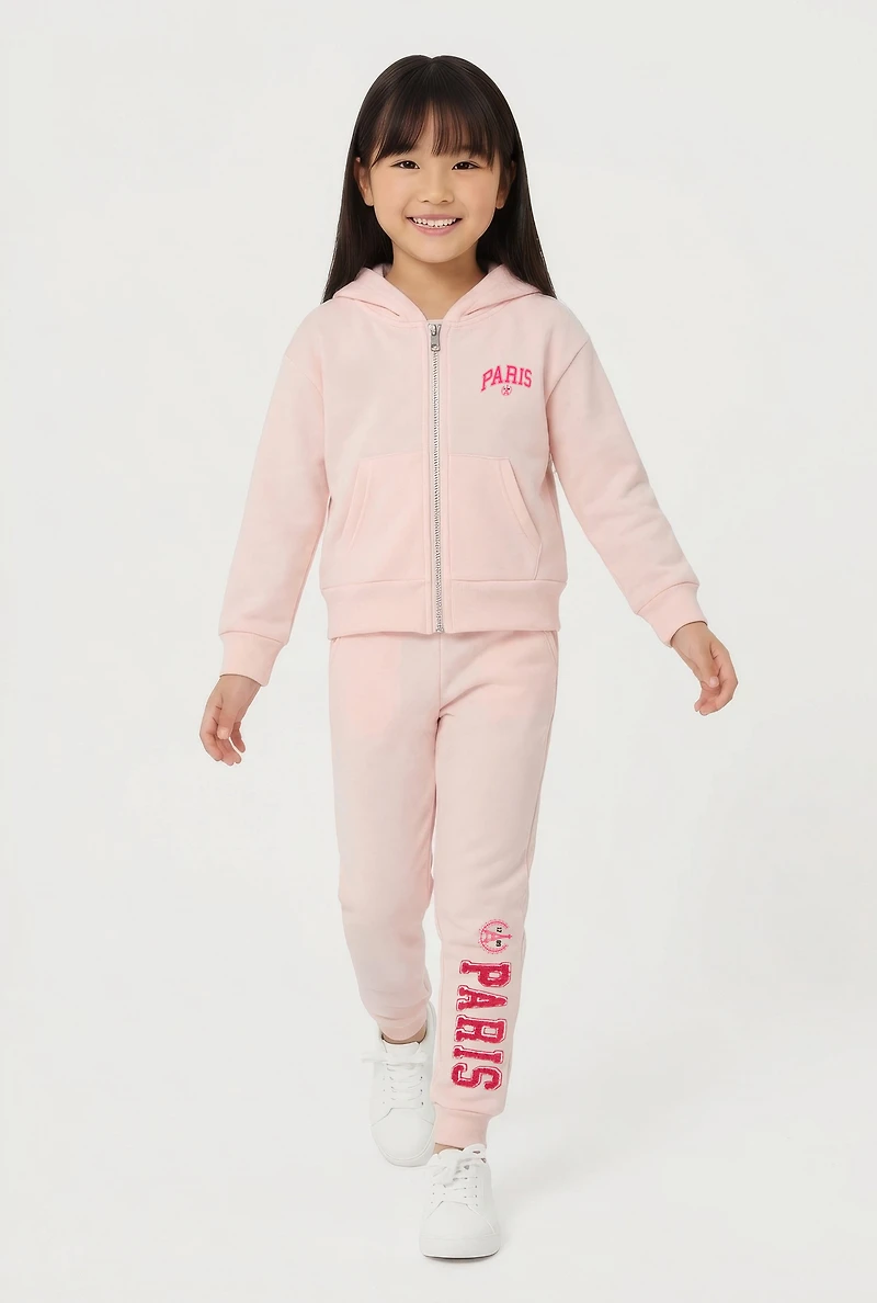Little Girls Hooded Paris Graphic Sweatshirt and Joggers, Pink,