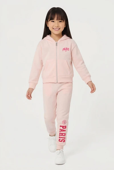 Little Girls Hooded Paris Graphic Sweatshirt and Joggers, Pink,