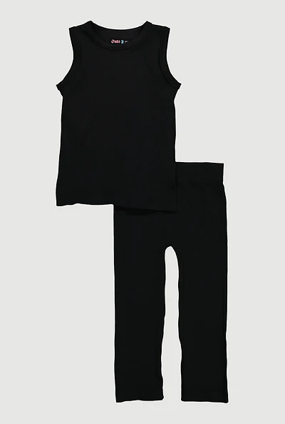 Little Girls Ribbed Knit Seamless Tank Top and Leggings 2 Piece Set, Black, Size 4