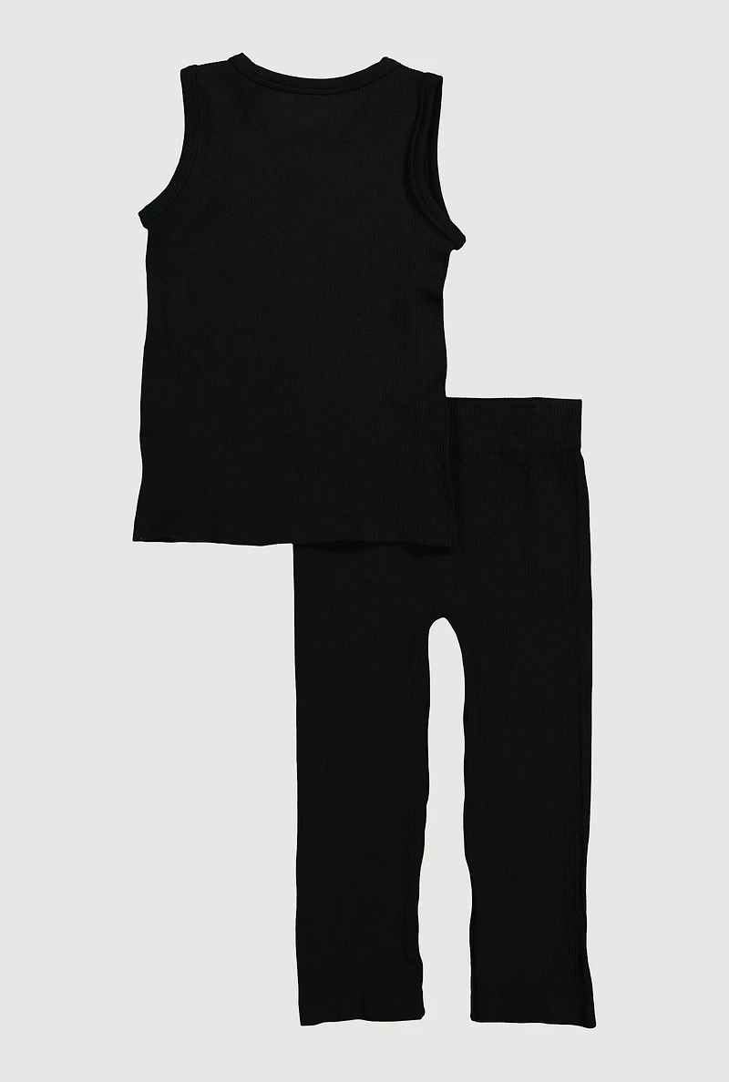 Little Girls Ribbed Knit Seamless Tank Top and Leggings 2 Piece Set, Black, Size 5-6