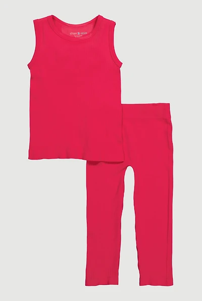 Little Girls Ribbed Knit Seamless Tank Top and Leggings 2 Piece Set, Pink,