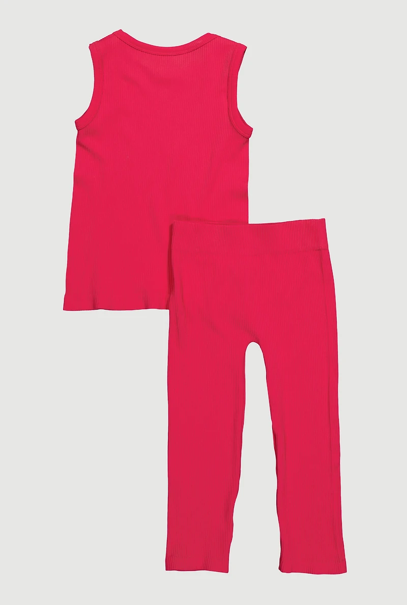 Little Girls Ribbed Knit Seamless Tank Top and Leggings 2 Piece Set, Pink,