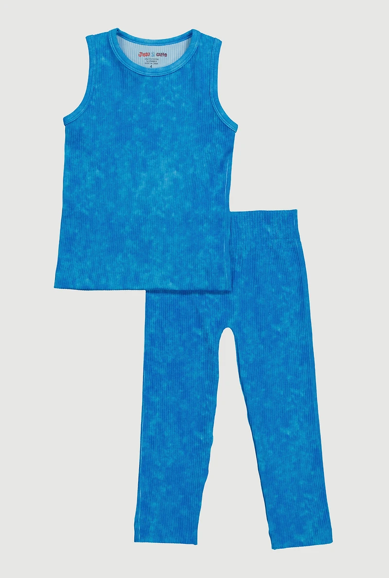 Little Girls Mineral Wash Seamless Tank Top and Leggings Set, Blue, Size 4