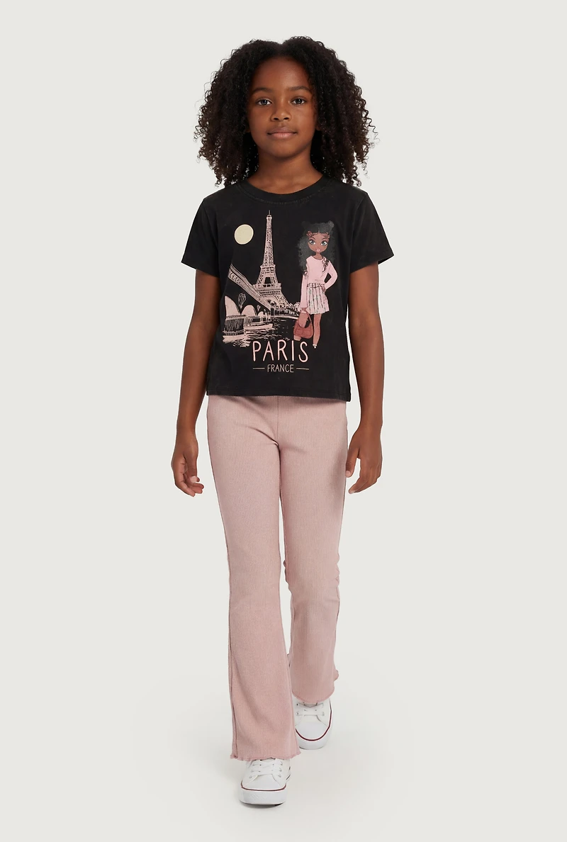 Little Girls Paris France Graphic Tee and Flare Pants, Pink, Size 6X