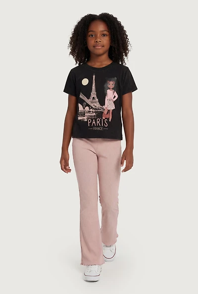 Little Girls Paris France Graphic Tee and Flare Pants, Pink, Size 6X