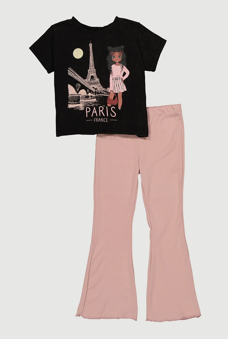 Little Girls Paris France Graphic Tee and Flare Pants