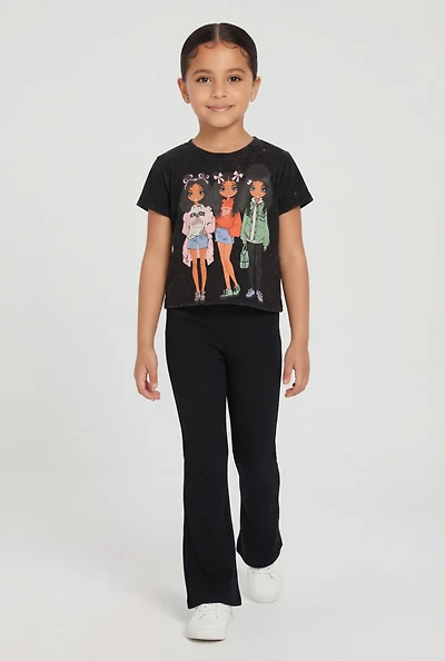 Little Girls Acid Wash Graphic Tee and Flare Pants