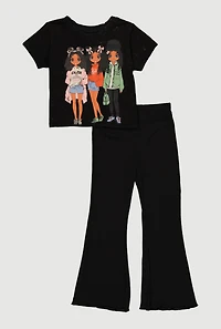 Little Girls Acid Wash Graphic Tee and Flare Pants