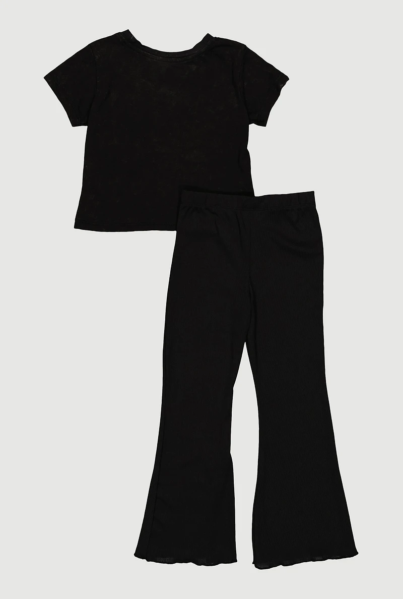 Little Girls Acid Wash Graphic Tee and Flare Pants