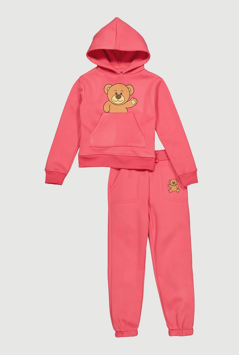Little Girls Teddy Bear Graphic Hooded Sweatshirt and Sweatpants