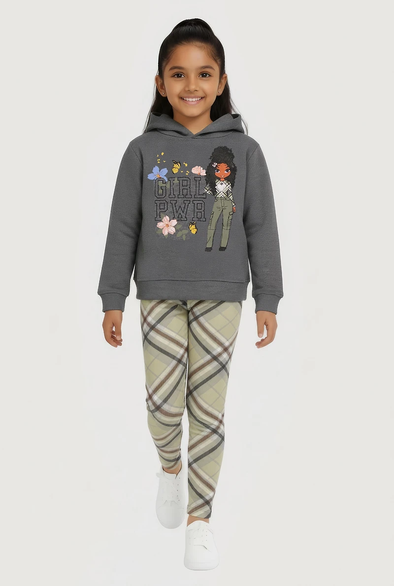 Little Girls Girl Power Graphic Hoodie and Plaid Leggings, Grey,