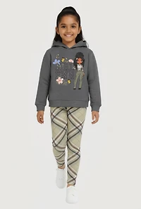 Little Girls Girl Power Graphic Hoodie and Plaid Leggings, Grey,