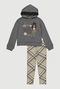 Little Girls Girl Power Graphic Hoodie and Plaid Leggings, Grey,