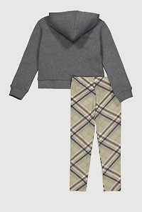 Little Girls Girl Power Graphic Hoodie and Plaid Leggings, Grey,