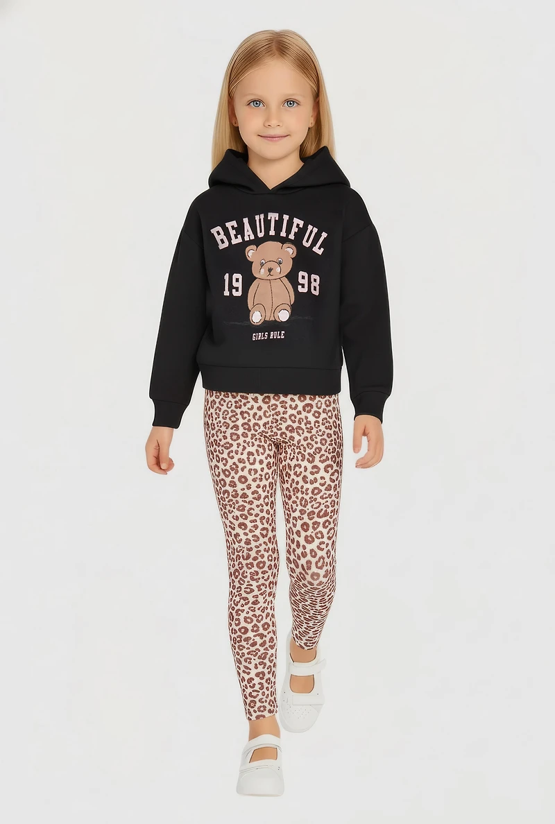 Little Girls Beautiful Bear Graphic Hoodie and Leopard Print Leggings
