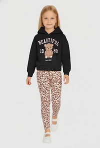 Little Girls Beautiful Bear Graphic Hoodie and Leopard Print Leggings