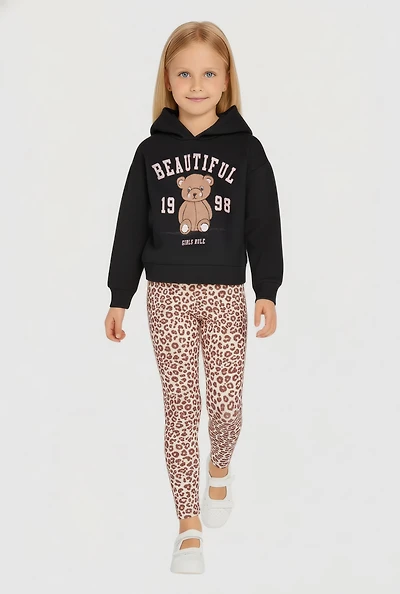 Little Girls Beautiful Bear Graphic Hoodie and Leopard Print Leggings