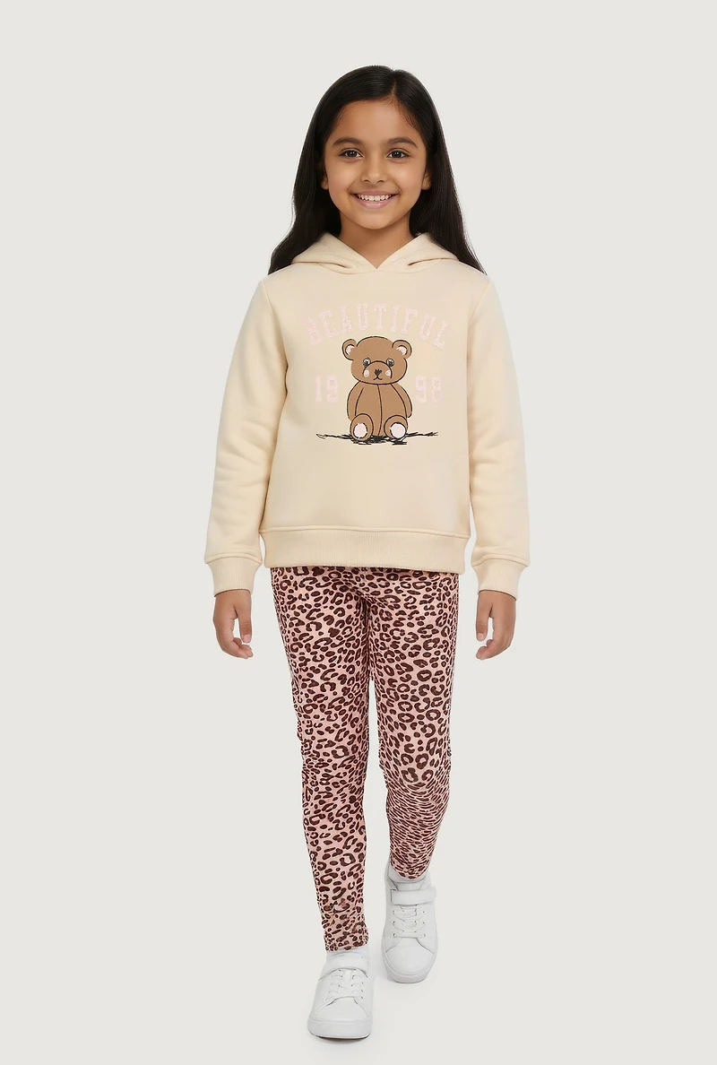 Little Girls Beautiful Bear Graphic Hoodie and Leopard Print Leggings