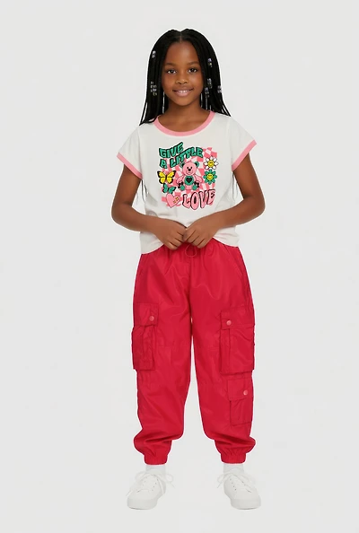 Little Girls Give A Little Love Graphic Tee and Joggers, Pink, Size 4