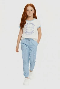 Little Girls Glitter Graphic Ringer T-Shirt and Cargo Joggers, Blue,
