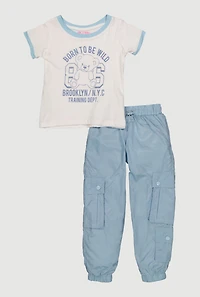 Little Girls Glitter Graphic Ringer T-Shirt and Cargo Joggers