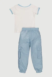 Little Girls Glitter Graphic Ringer T-Shirt and Cargo Joggers, Blue,