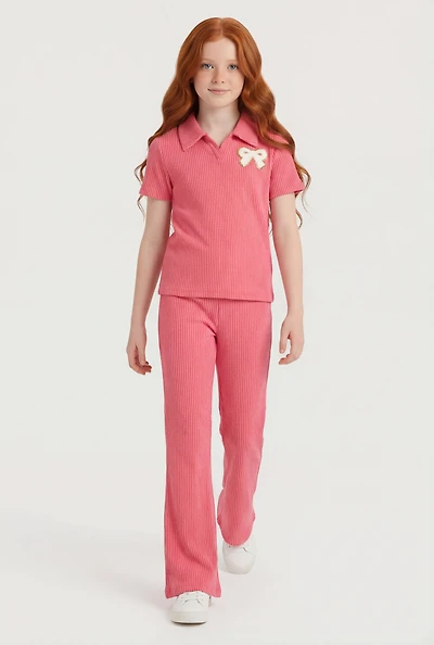 Girls Rib Knit Bow Patch Polo Top and Flare Pants