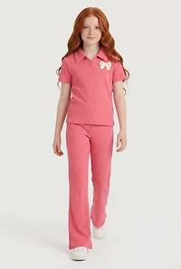 Girls Rib Knit Bow Patch Polo Top and Flare Pants