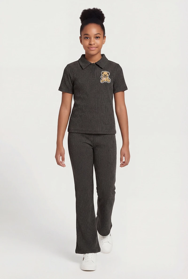 Girls Rib Knit Bear Patch Polo Top and Flare Pants Set