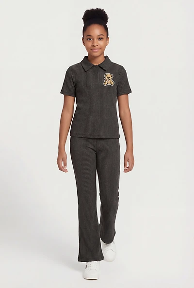 Girls Rib Knit Bear Patch Polo Top and Flare Pants Set