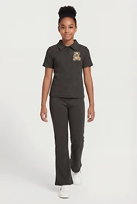 Girls Rib Knit Bear Patch Polo Top and Flare Pants Set