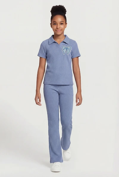 Girls Rib Knit Bow Patch Polo Top and Flare Pants Set