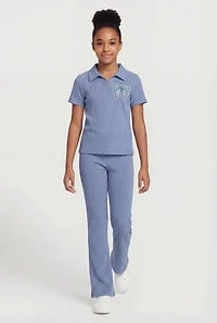 Girls Rib Knit Bow Patch Polo Top and Flare Pants Set
