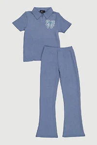 Girls Rib Knit Bow Patch Polo Top and Flare Pants Set