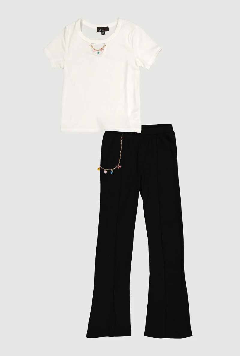 Girls Charm Detail Short Sleeve Top and Pants Set